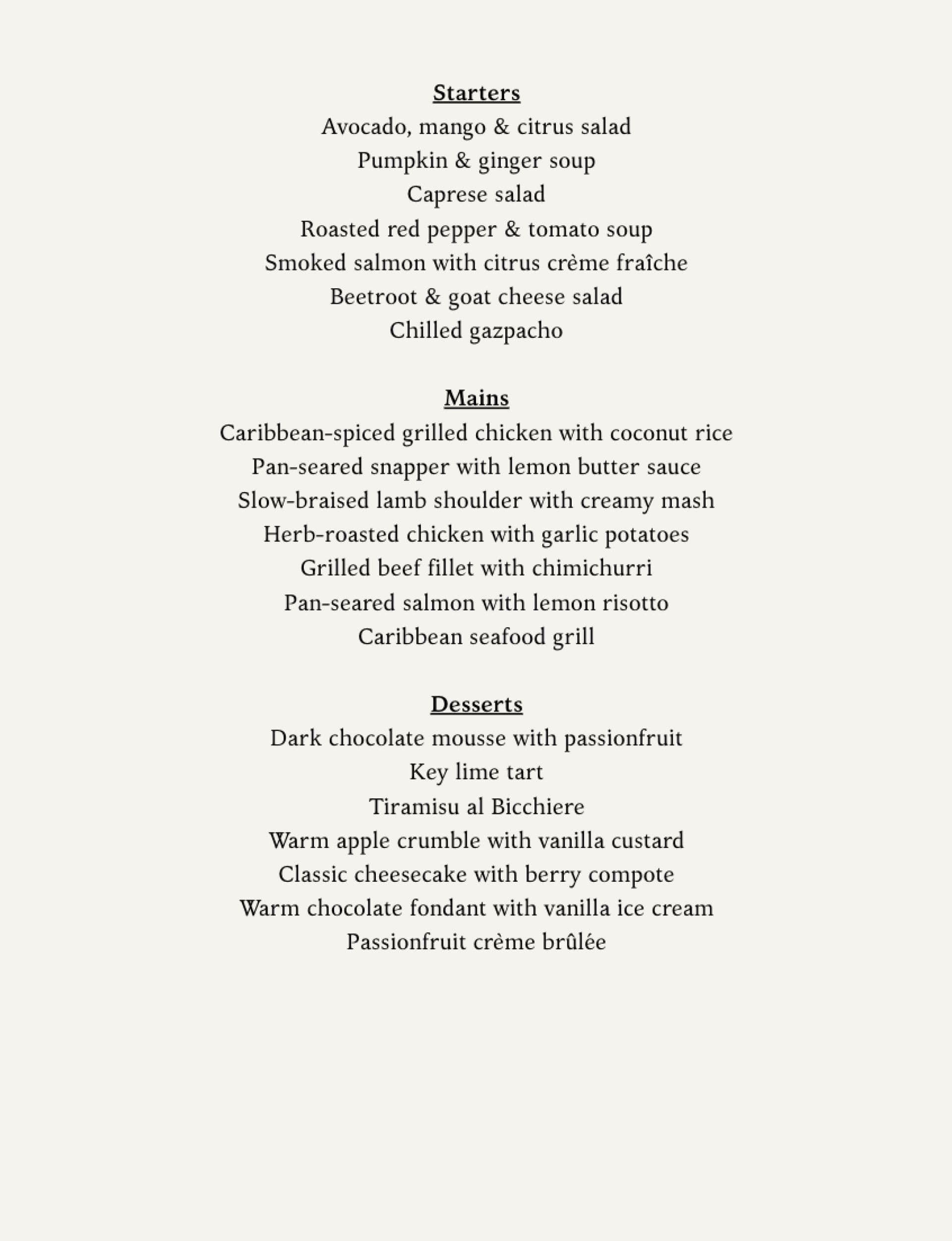 Sample menu image