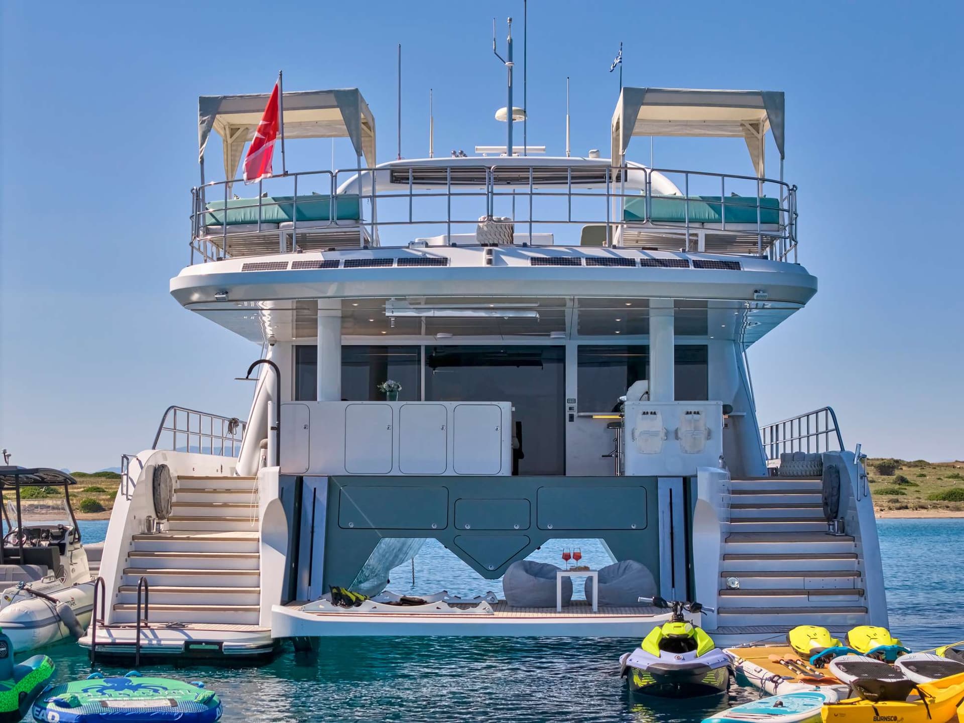 Aft deck with swimming platform and water toys