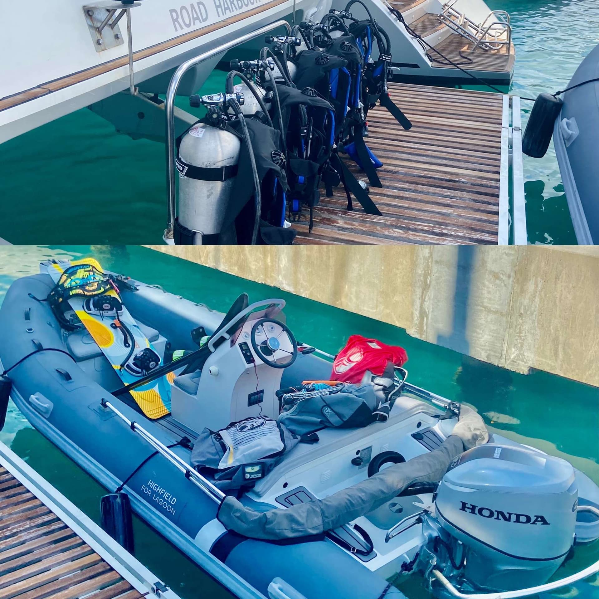 Extensive water toys and sport tender.
