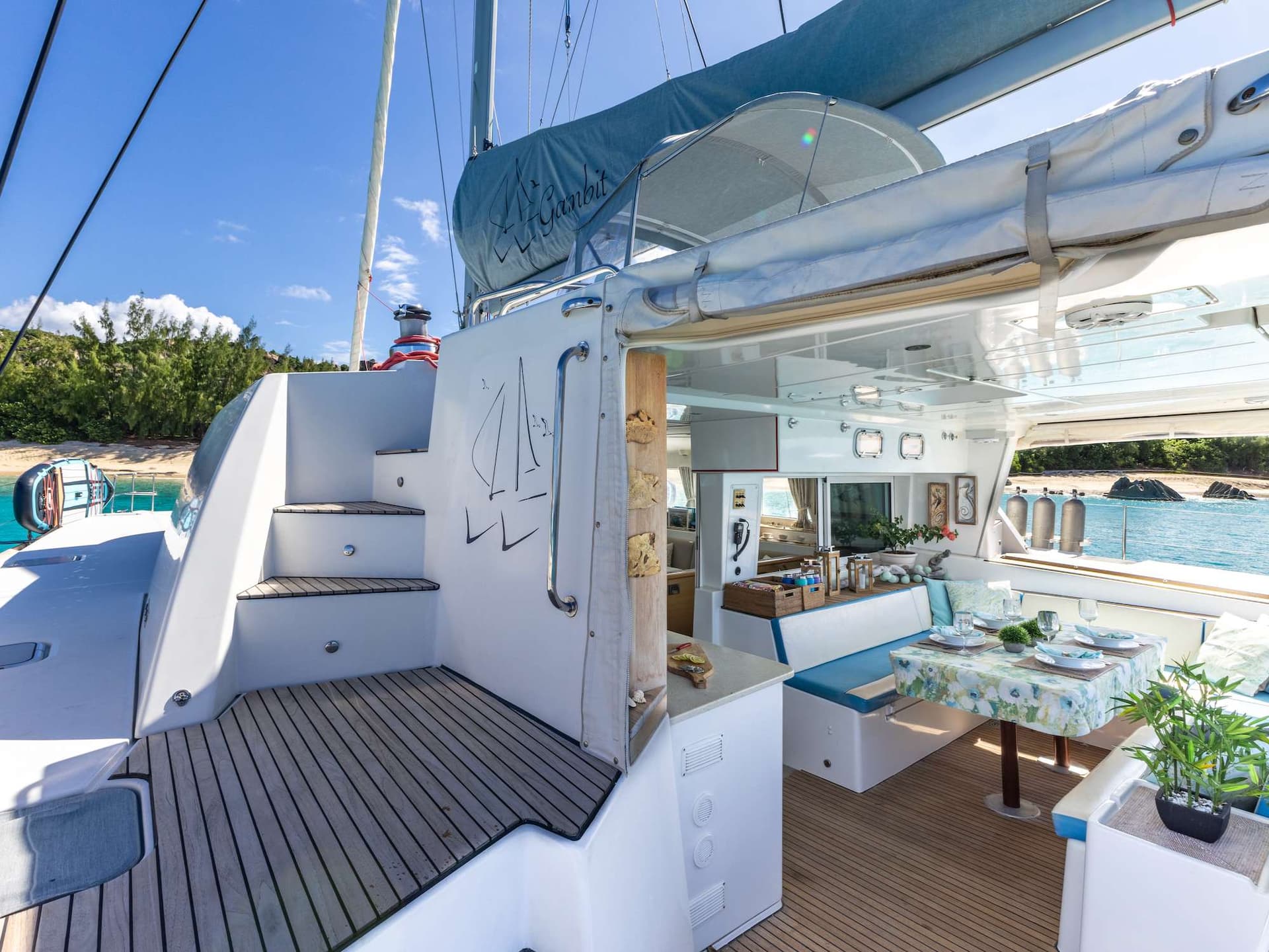 Gambit's port side looking forward with steps to the top deck.