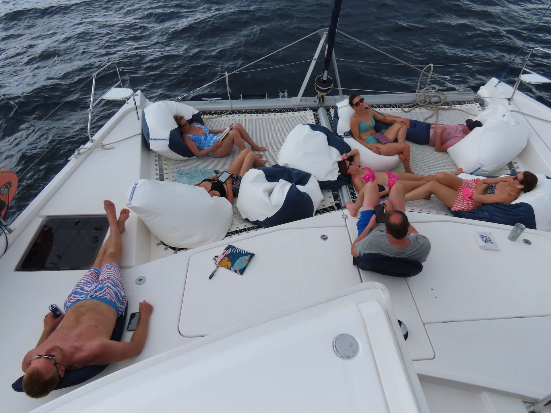 Lounging in the foredeck beanbags