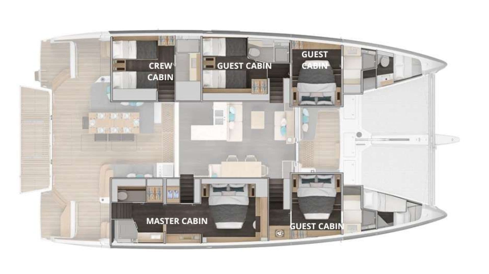 Four guest cabins;
one master
two double
one twin or double
Separate crew cabins