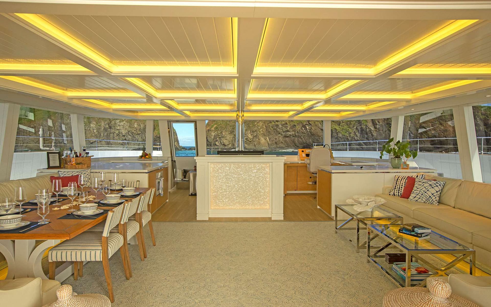 The main salon is open plan with wonderful views