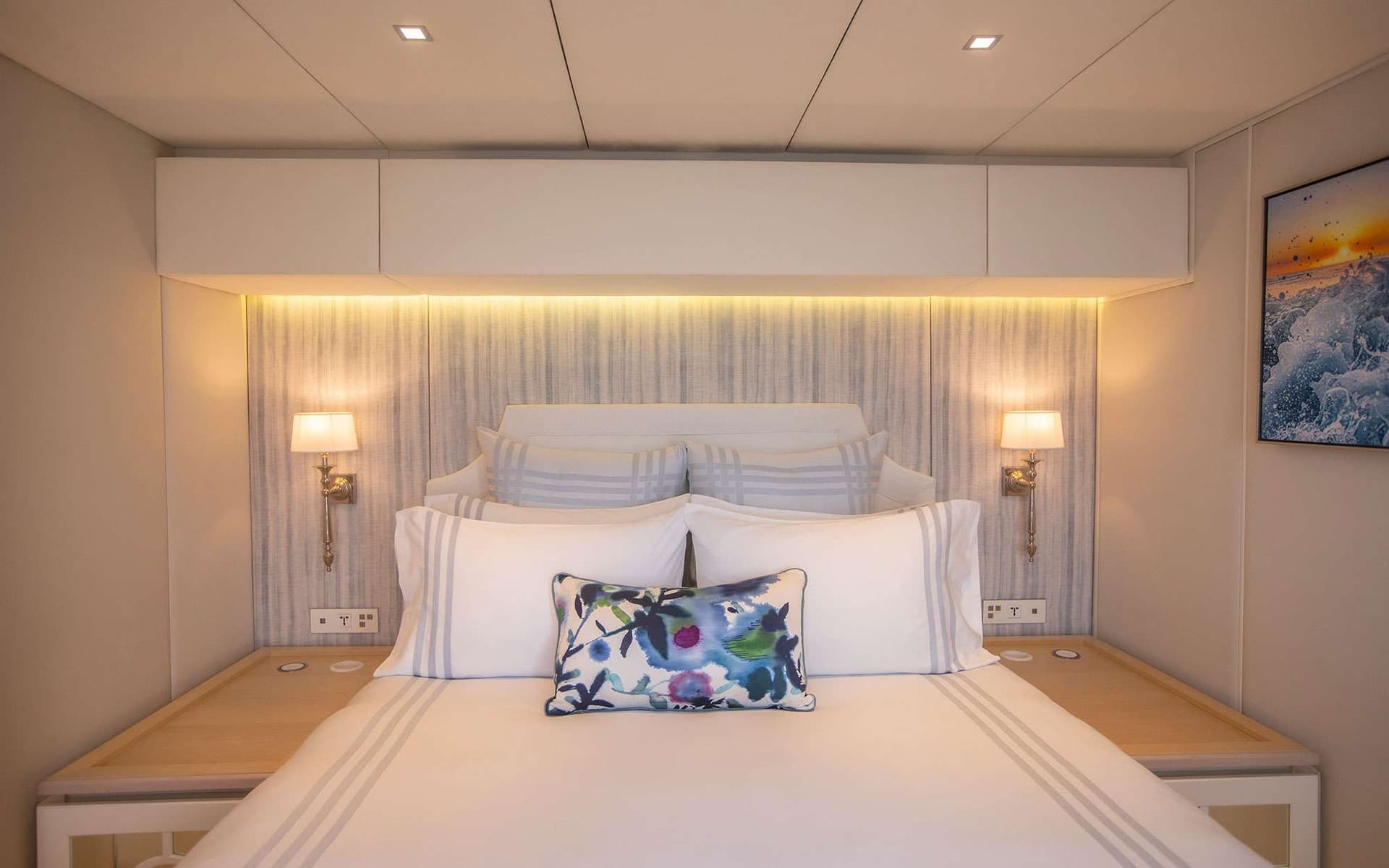 The queen size beds have a spacious walk around