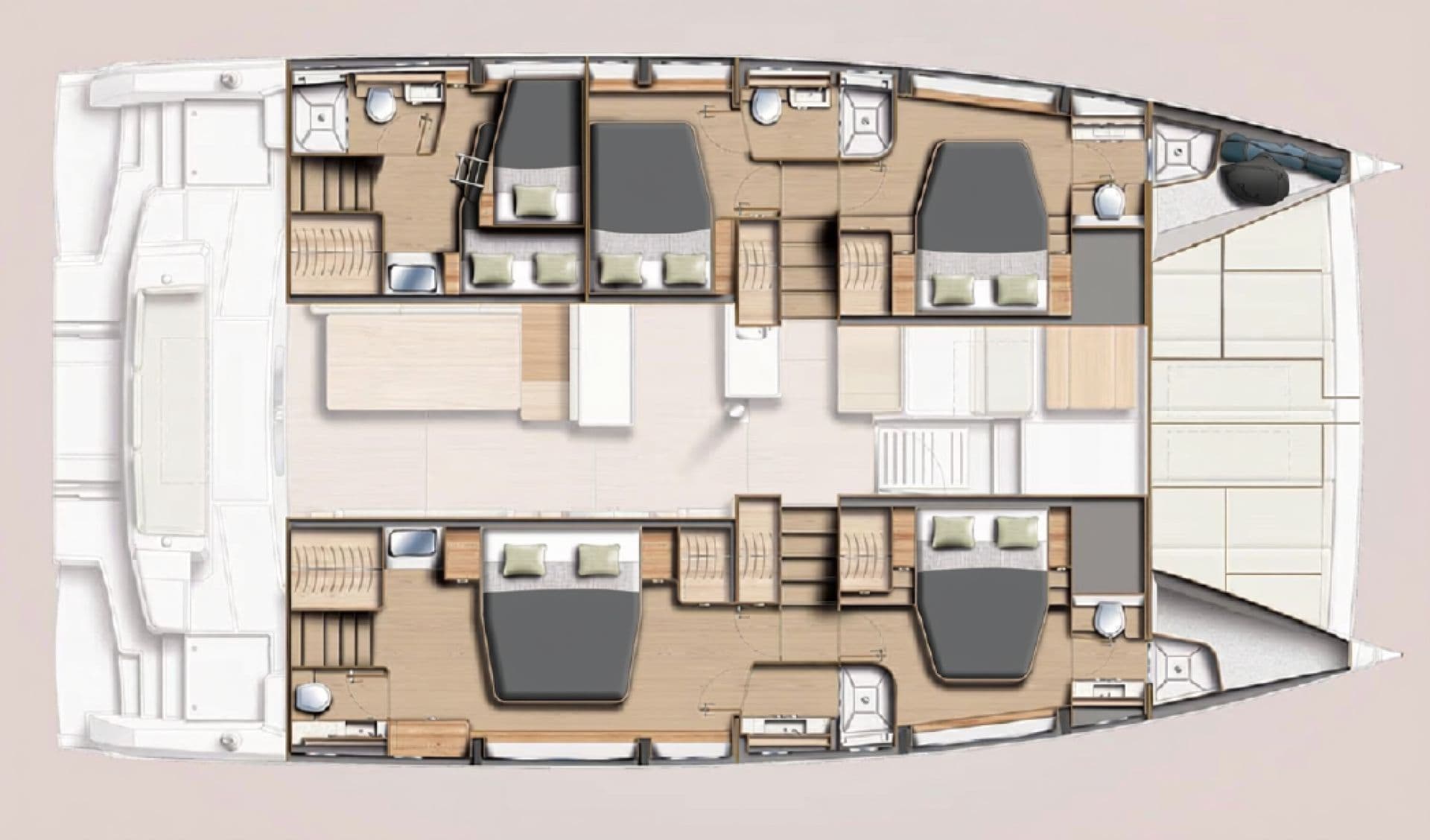 Crew occupies port-aft stateroom.