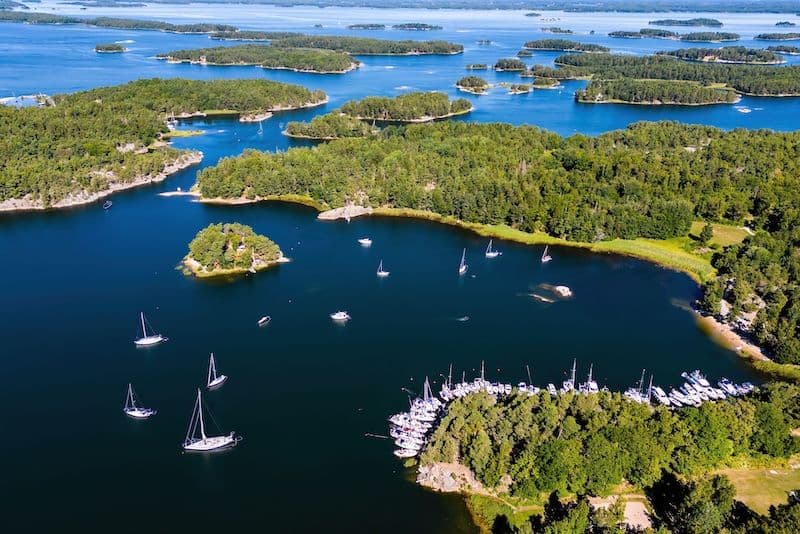 Aerial view of Swedish archipelago landscape, yachts and islands, Stockholm, Sweden