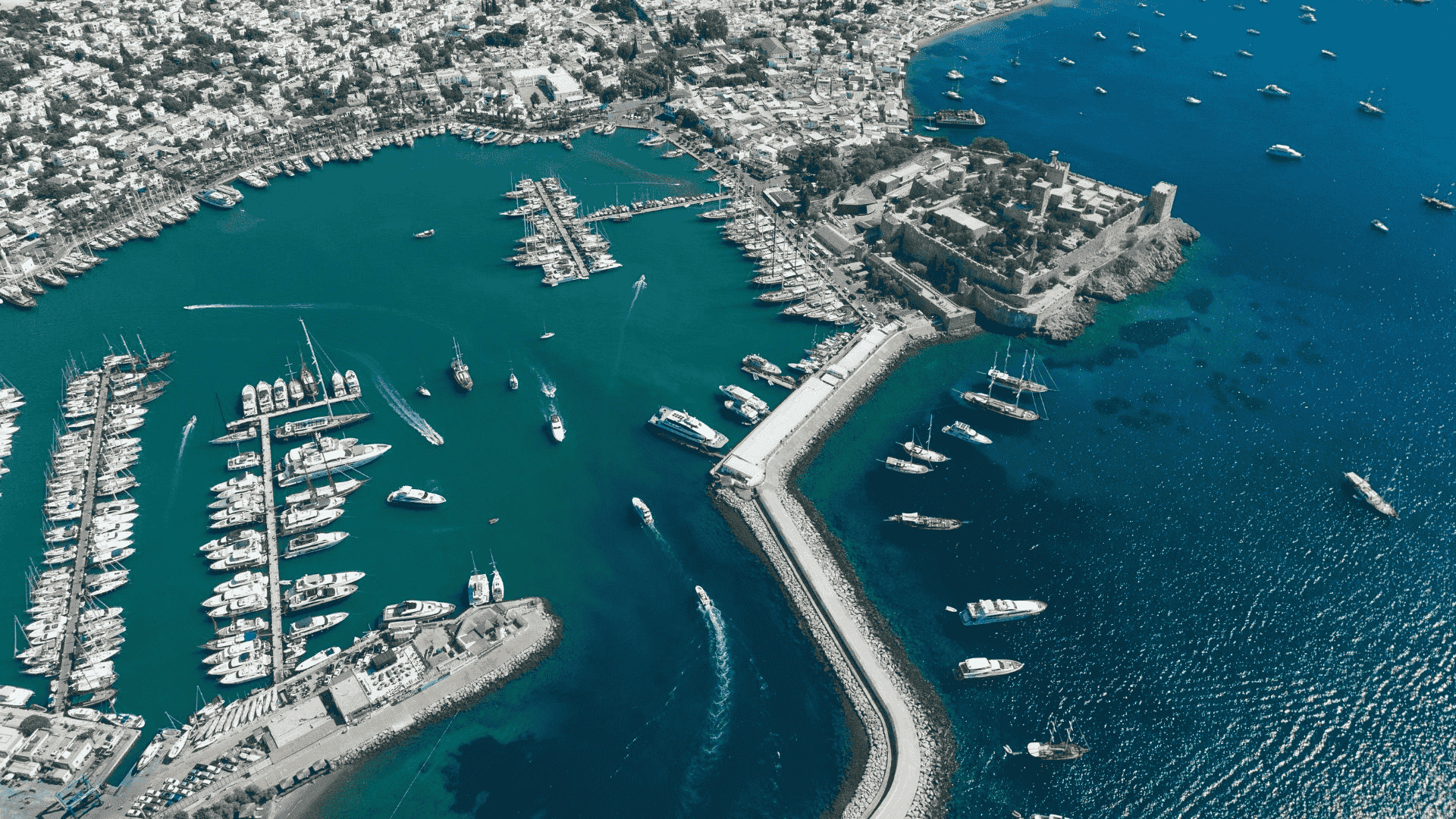 bodrum marina and bodrum city drone photo turkey yachts moored