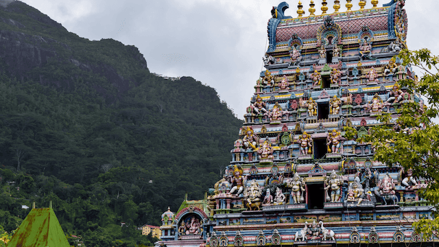 colorful facade of arul mihu navasakthi vinayagar temple in mahe island victoria city seychelles