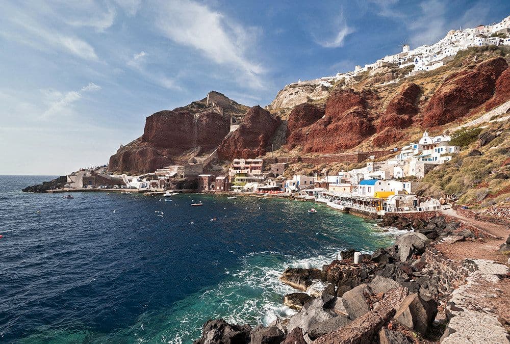 santorini bay houses mountain greece