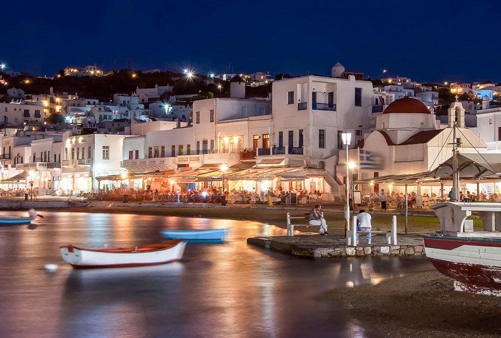 old port of mykonos by night greece