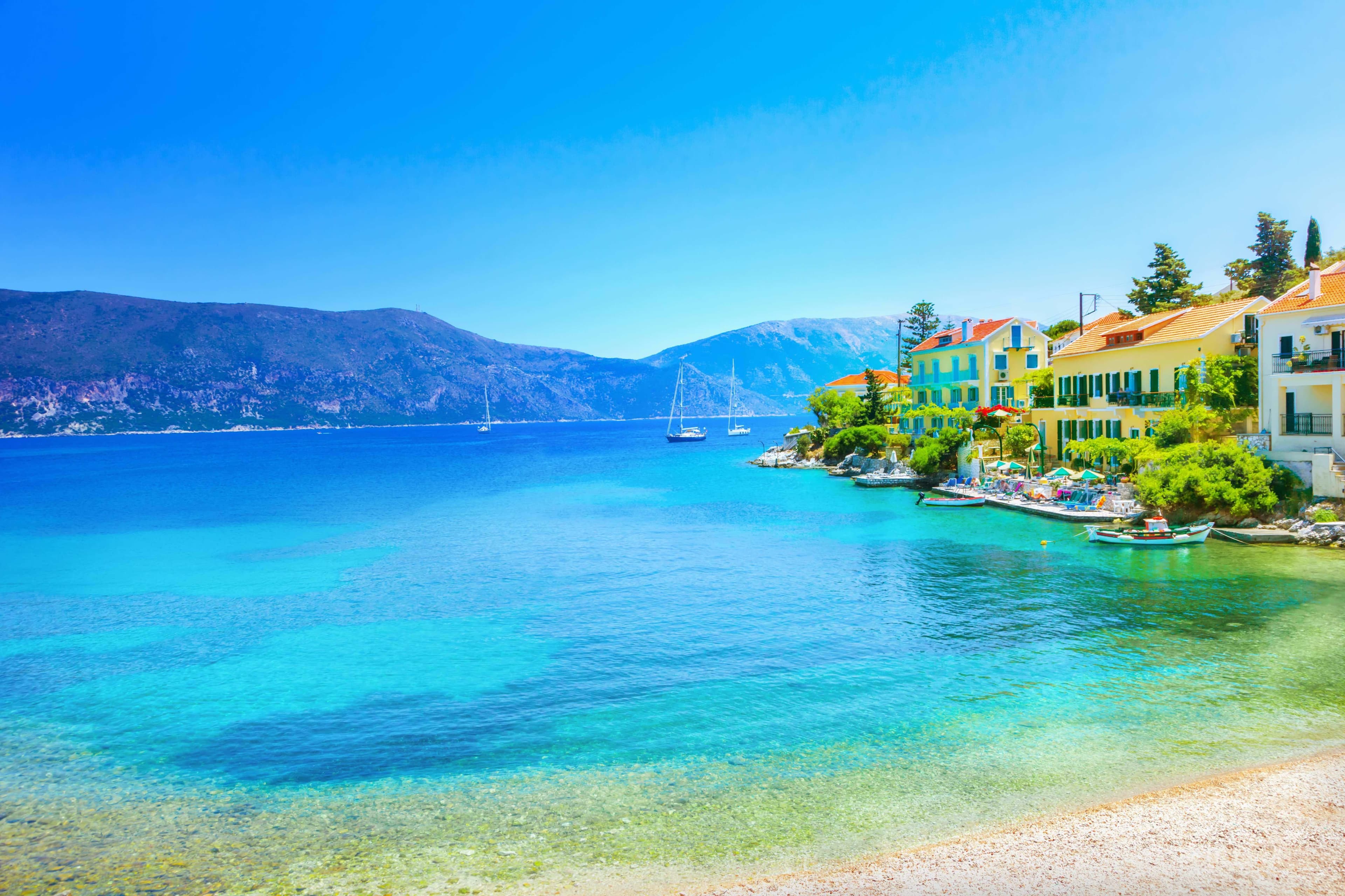 fiskardo village nature bay mountains in distance