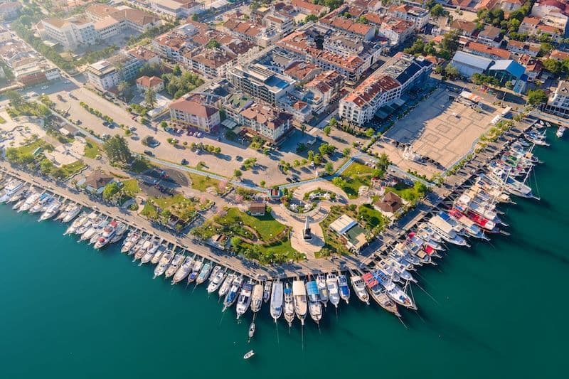 aerial view of yacht marina and the city of fethiye aegean sea turkey