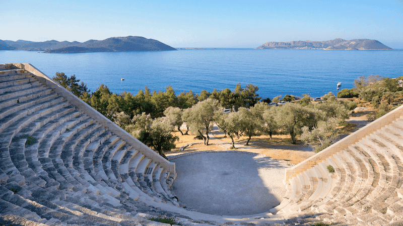the greek island meis from amphitheater of kas, turkey