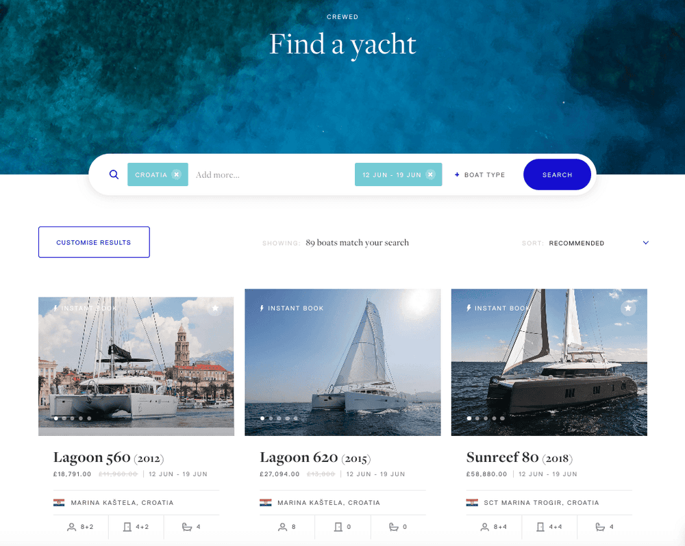 screenshot of finding a yacht helm website