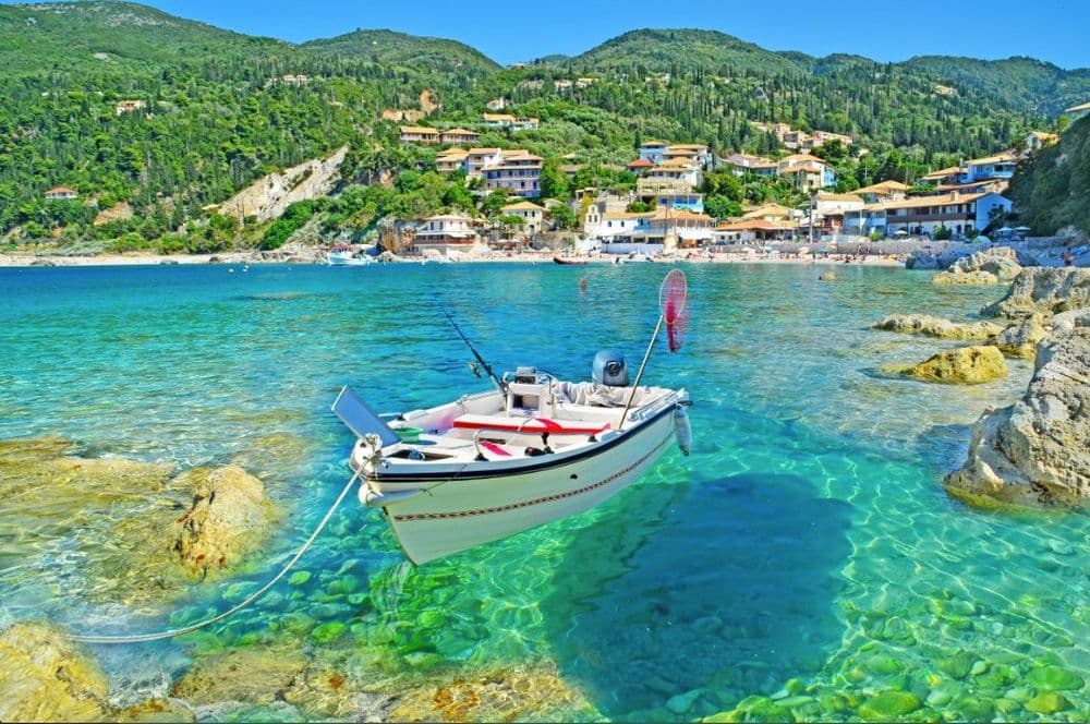 lefkas boat in the water ionian