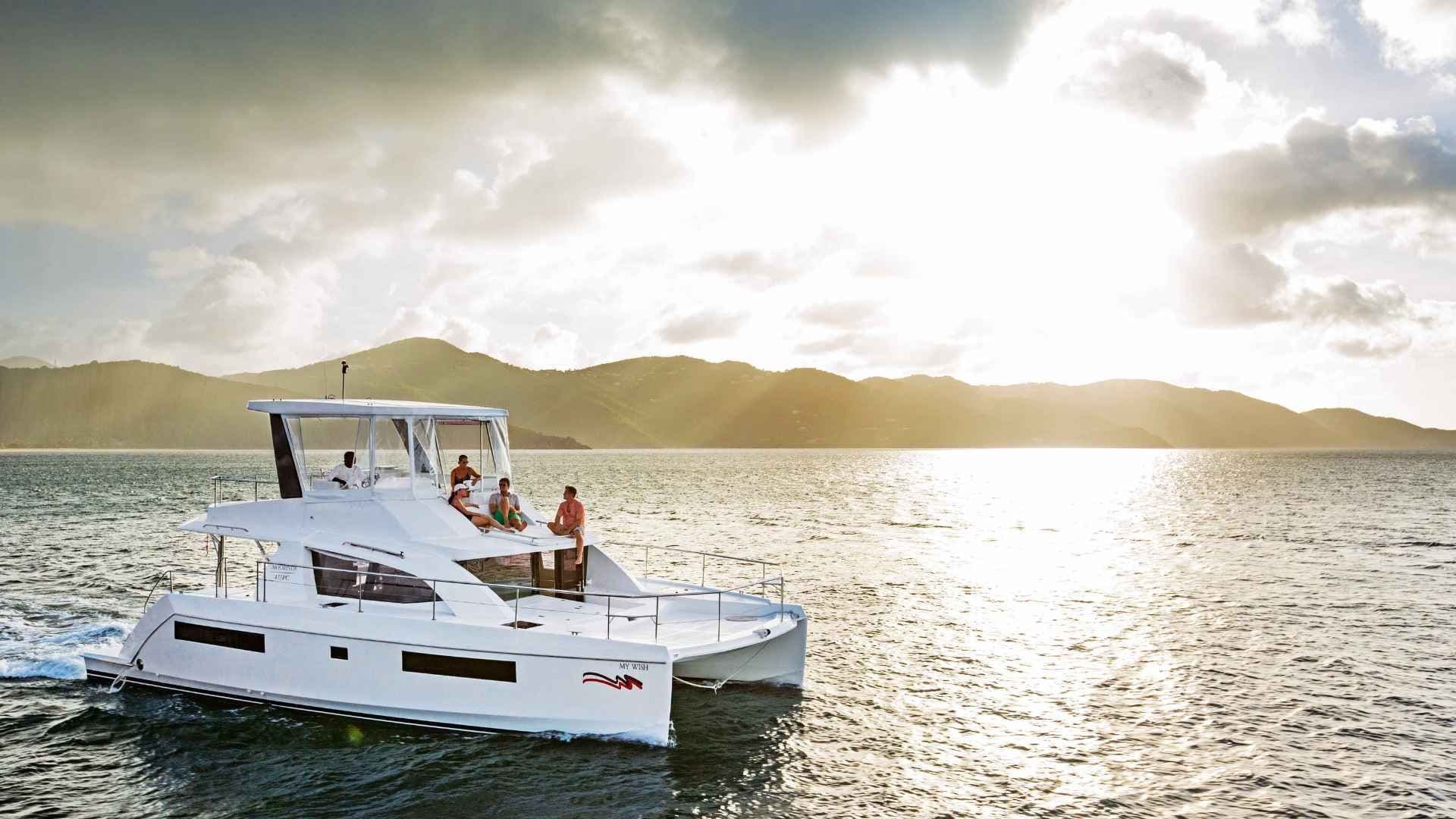 moorings-433-power-cat-at-sunset