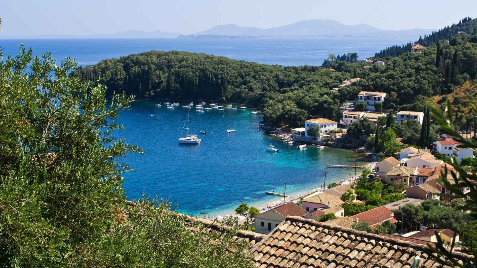 paxo island boats anchored town
